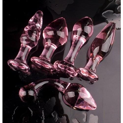 5 pcs / set Pink Crystal Butt Plug Vagina Ball G-spot Dildo Glass Anal Dildo Adult Masturbate Sex Toys for Women Men Gay