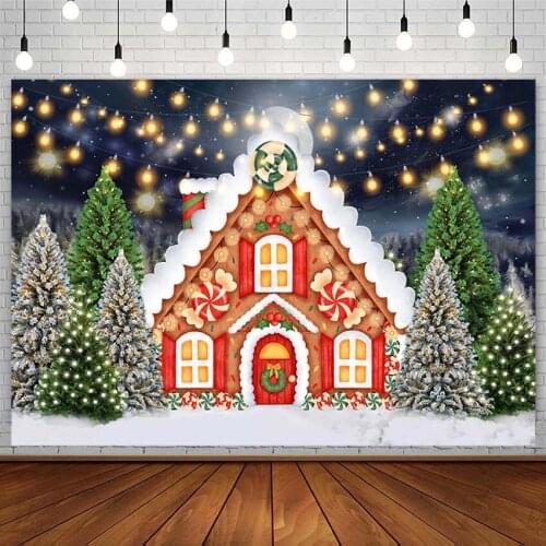 Winter Christmas Tree Photography Backgrounds Candy House Bokeh Lights Snow Wreath Backdrops Photo Studio Props Decor Photozone