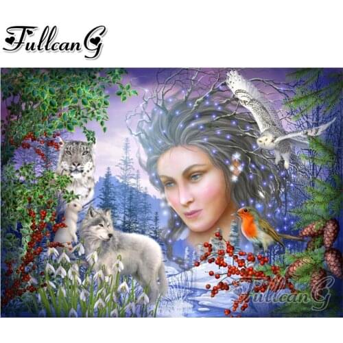 FULLCANG 5d diamond mazayka winter wolf and fairy diamond painting diy full square/round drill animals picture wall decor FC1492