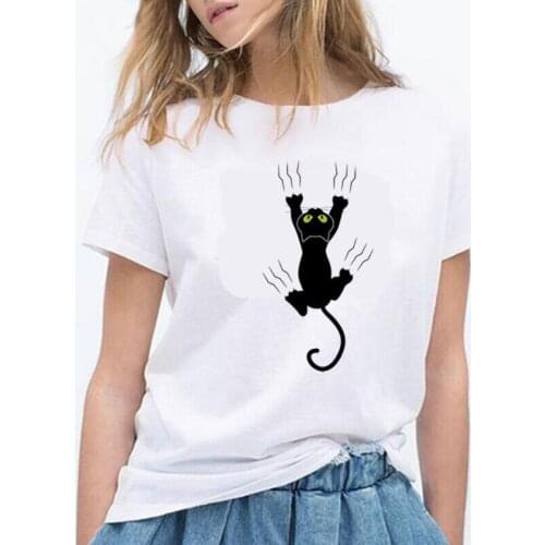Sumemr Short Sleeve Tshirt Funny Naughty Black Cat Print T Shirt Women Tops Casual Harajuku Shirt Tee Shirt Femme Camiseta Mujer