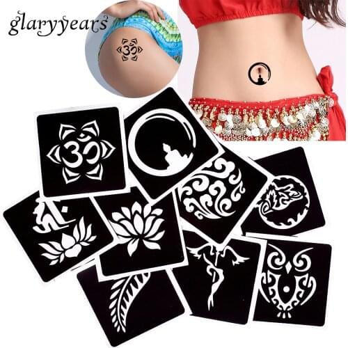 [ glaryyears ] 9 Pieces Hollow Leaf Owl Pattern Henna Tattoo Stencil Paste Drawing Leg Back Body Art Template for Women Men G#25