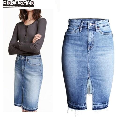 HCYO Women High Waist Skirt Elastic Split Washed Cotton Denim Skirts Casual Slim Stretch Mini Jean Skirts Womens Denim Skirt