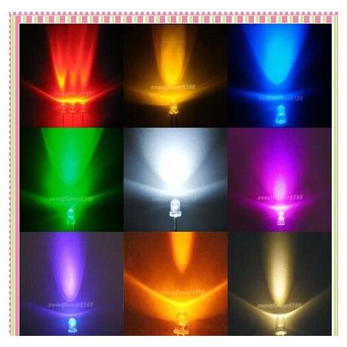 MIX 1000pcs Water Clear Super Bright 3mm Round Top Red/Green/Blue/Yellow/White/Pink/Purple Light Beads ROHS Compliance