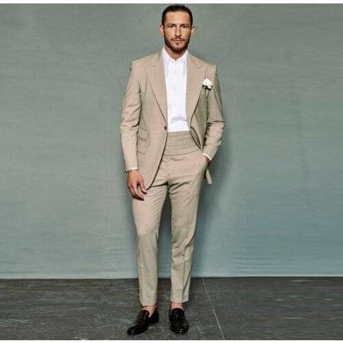 Khaki Mens Wedding Suits Slim Fit Groom Wear Tuxedos 2Pcs(JacketPants) Groomsman Suits Smart Casual Blazer Costume Homme