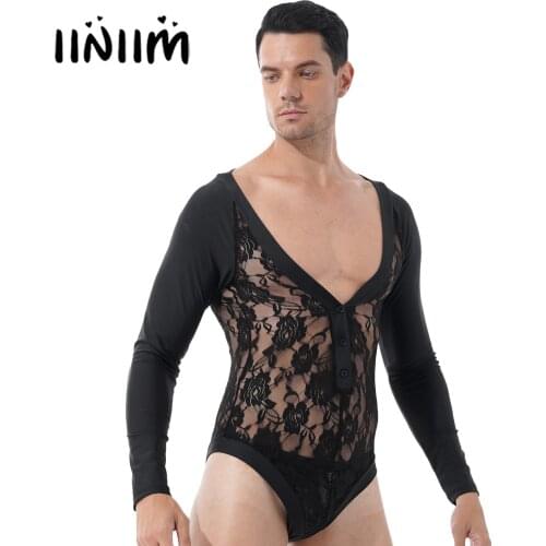 Gay Mens Lingerie Deep V Neck Floral Lace Patchwork Bodysuit Sexy See-through Long Sleeve Button Leotard Clubwear Nightwear