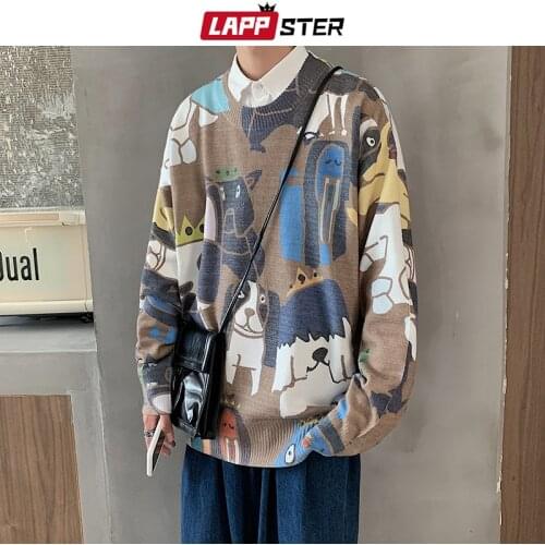 LAPPSTER Men Cartoon Dog Winter Knitted Sweater 2021 Pullover Mens Korean Harajuku Sweater O-Neck Autumn Casual Vintage Coat