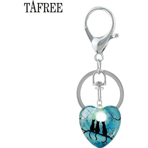 TAFREE Novelty Heart Animal Cat Silhouette Keychain Key Ring Alloy Metal Glass Cabochon Keychains for Car Bag Key HP96