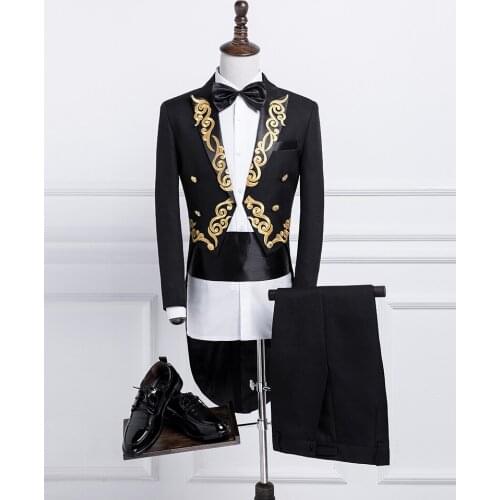 New Male Gold Silver Embroidery Lapel Tail Coat Stage Singer Groom Black White Wedding Tuxedos For Men Costume Homme