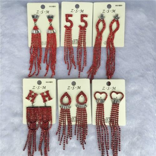 Wholesale 6 Pairs/Lots Bulk Red Rhinestone Zircon Long Tassel Earrings Drop Dangle Wedding Bridal Big Earrings for Women Jewelry
