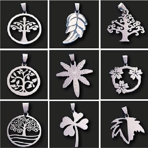 2pcs Retro Tree of Life/Maple Leaf/Coconut Tree/Rose/Plant Stainless Steel Necklace Pendant DIY Charm Jewelry Crafts Making P664