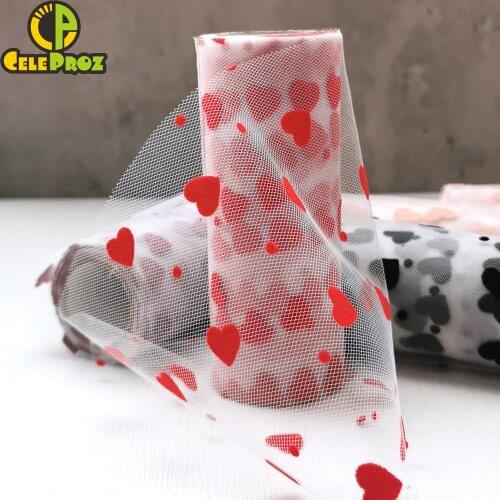 7.5cm 15cm 10yards Flocking Red Heart Tulle Mesh Fabric DIY Sewing Craft Headband Pom Bowknot Baking Cake Topper Material Supply