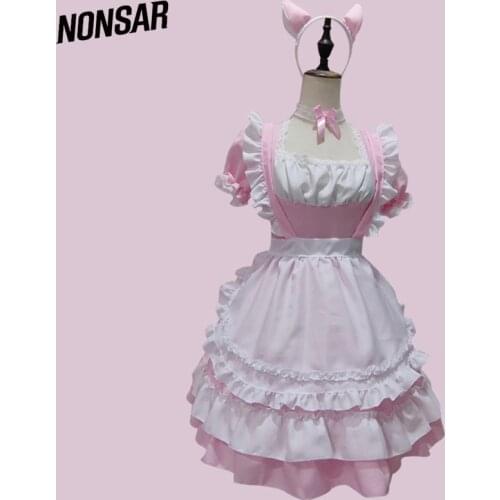 NONSAR Japanese Cute Lolita Maid Outfit Costumes Dress Womens Pink And White Ribbon In The Wedding Party Sweet Dress Cosplay