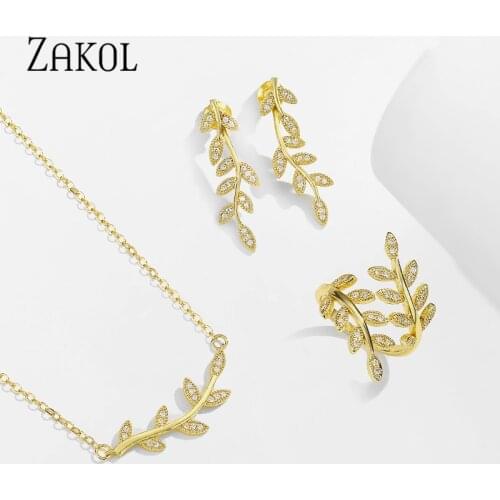 ZAKOL 2020 Classic Cubic Zirconia Leaf Choker Earrings Neckalce Ring Jewelry Sets for Women Engagement accessories