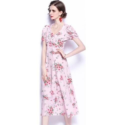 New Summer Runway French Female High Waist Sweet Dress For Womens Floral Print Vintage V Neck Elegant Dresses Vestido