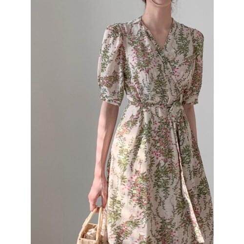 2021 New V-neck Floral Dress Elegance Lace-Up Korean Sexy Gentle Sweet Office Lady Plus Size Casual Print Midi Long Dress 14518