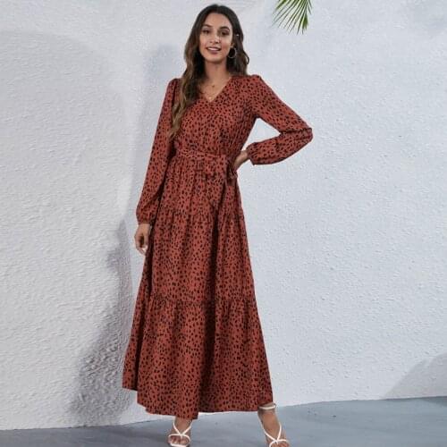 Women Maxi Dress Autumn Long Sleeve V-Neck Ladies Clothing Print Long Dress Loose Streetwear Robe Vintage Spring Dresses Vestido