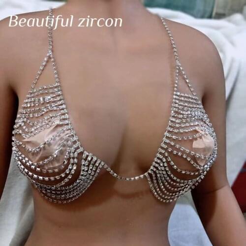 Womens sexy shiny Pink Crystal tassel bikini suspender vest body chain chest chain adjustable multicolor Rhinestone bra underwe