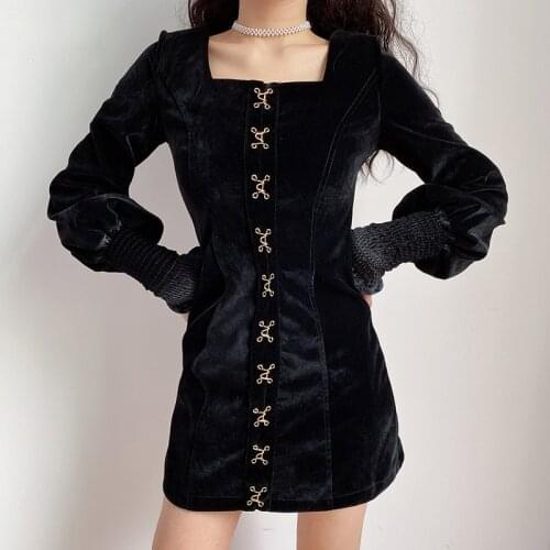 Gothic Metal Buckle Black Velour Y2k Dresses For Women Elegant Fad Vintage Square Collar Long Sleeve Harajuku Mini Dress Winter