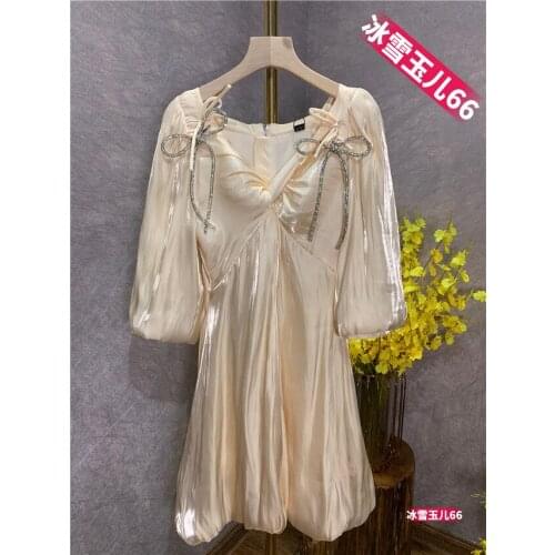 2021 New design fashion womens v-neck three quarter sleeve rhinestone bow patchwork satin glossy fabric princess dress