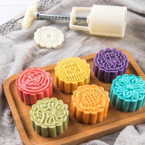 6pcs 3D Flower Mooncake Mold Moon Cake Stamp Cookie Cutter Hand Press Fondant Moon Cake Mould Pastry Baking Tool Kitchen Tools