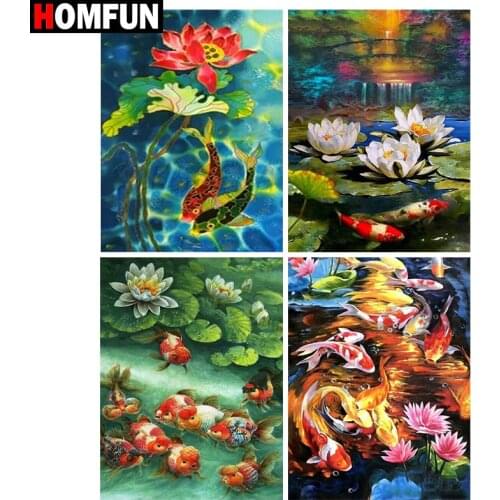 HOMFUN 5D Diamond Pattern Rhinestone Needlework Diy Diamond Painting Cross Stitch "Lotus pond fish scenery" Diamond Embroidery