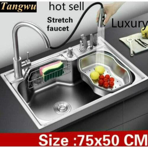 Free shipping Apartment luxury kitchen single trough sink stretch faucet wash vegetable 304 stainless steel hot sell 750x500 MM