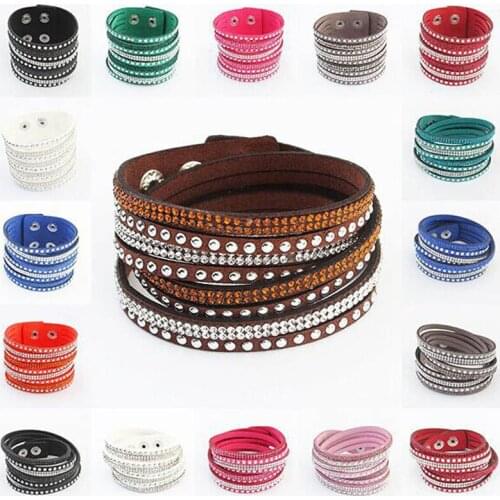 Multilayer Crystal Wrap Cuff Bracelets Femme Leather Charm Bracelet Female Wristband Snap Button Pulseras Mulher Jewelry 40cm