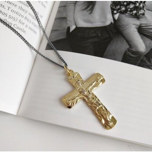 Retro Black Curb Chain 52cm Long in 925 Sterling Silver Hip Hop Gold Personality Cross Jesus Necklace Men Women Christmas Gifts