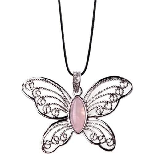 10 Pcs Silver Plated Butterfly Shape Rose Pink Quartz Pendant Rope Chain Necklace Tiger Eye Stone Jewelry
