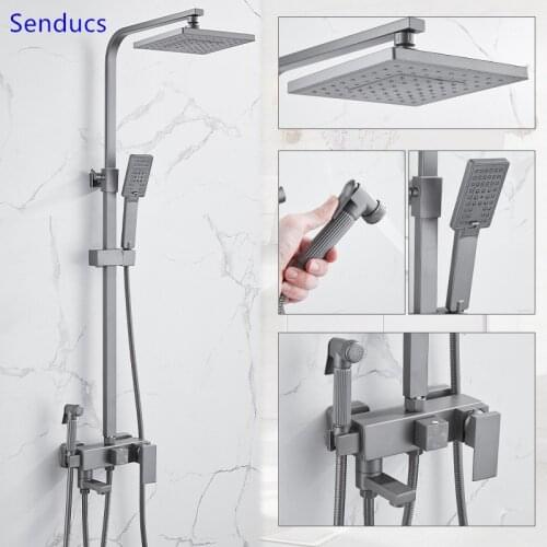Deep Grey Bathroom Shower System Square Tube Four Water Ways Bathroom Spray Faucet Hot and Cold Bathroom Shower Set Fashion Tap