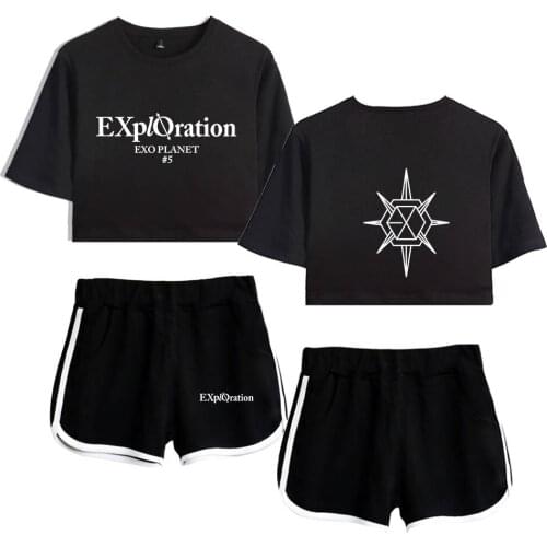 EXO 2019 tour EXO PLANET #5 - EXplOration Live Album print Leisure Women Two Piece Set Shorts+lovely T-shirts Hot Sale Clothes