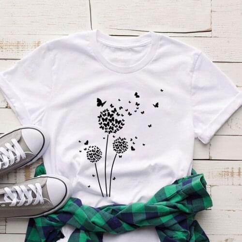 Dandelion Free Flying Trapeze Print Vintage 90s T-shirt O-Neck Short Sleeve Summer SimpleKorean Style Top Tees Hipster T Shirt