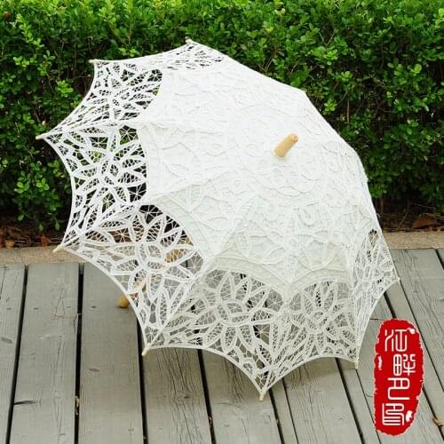 Fashion Sun Umbrella Cotton Embroidery Bride Umbrella White Ivory Battenburg Lace Parasol Umbrella Wedding Umbrella Decorations