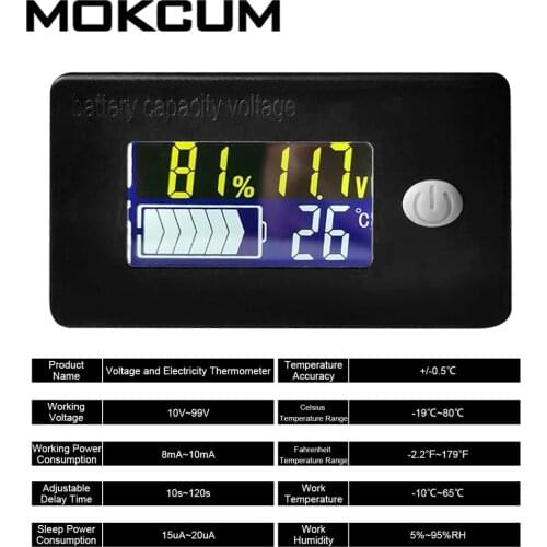 Battery Indicator Battery Tester Voltmeter Thermometer With LCD Display for 10V-99V Battery Voltage and Electricity Thermometer