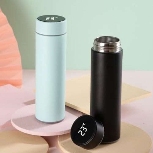 304 Stainless Steel Intelligent Temperature Measuring Touch Display Thermal Portal Straight Flask Bottle With Strainer 480ml