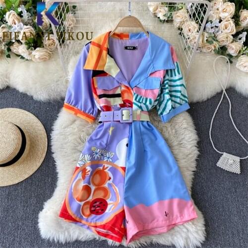 Fashion Print Jumpsuit Women Summer Lapel Short Sleeve High Waist Rompers Female Loose Wide leg Short Pants Spliced Overalls