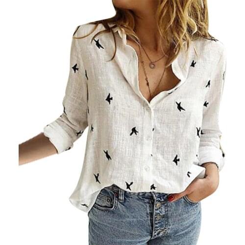 Autumn Bird Print Shirt Casual Women Turn Down Collar Long Sleeve Blouse Top