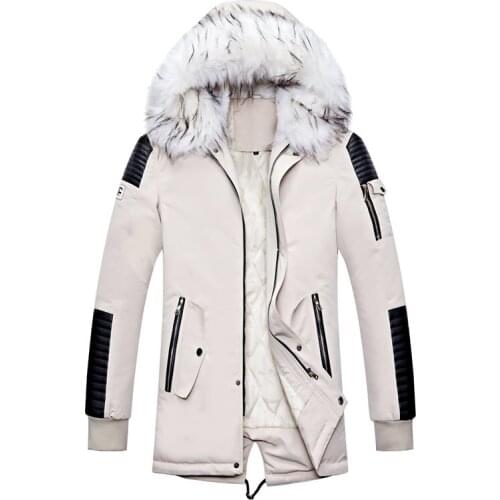 Winter Brand Mens Parkas Fashion Thick Warm Coats Male PU Patchwork Soft Fur Collar Hooded Parkas Medium Long Windbreaker Men