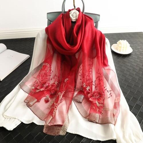 Silk wool scarf embroidery Women Long scarves Shawl Female hijab wrap Summer Beach Cover-ups Fashion Pashmina Scarves Bandana