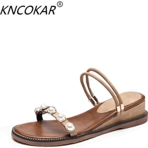 KNCOKAR 2018 New style summer womens fashion comfortable pearl pure color round head flat heel large size cool slippers