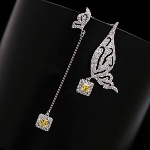 SWOUR New Bridal Jewelry S925 Sterling Silver Butterfly Design Square Yellow Crystal Mismatched Long Dangle Earrings S250