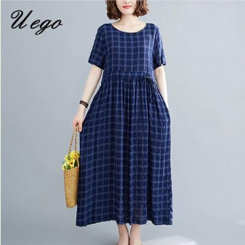 Uego Elegant Office Lady Work Dress Short Sleeve Plaid Loose Summer Dress Linen Cotton Holiday Casual Dress Female Midi Dress