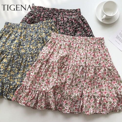 TIGENA 2021 Summer Mini Skirt Women Korean Kawaii Floral Print Ruffles Aesthetic A Line High Waist Short Beach Skirt Female Lady