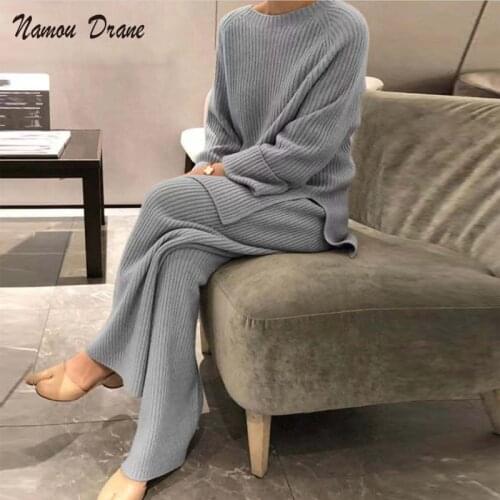Homewear Pantsuit for Women Two Piece Set Elegant Pullover O Neck Long Sleeve Loose 2 Wide Leg Pants Suit Warm Winter Set 3XL