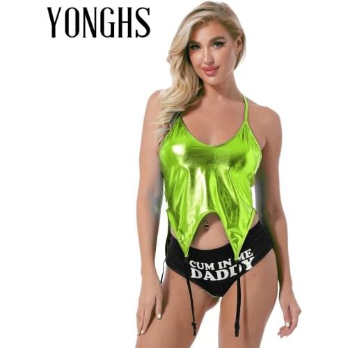 Womens Faux Leather Rave Vest Top with Garter Belt Rave Crop Top Halter Lace-up Metallic Shiny Blouse Clubwear for Pole Dancing