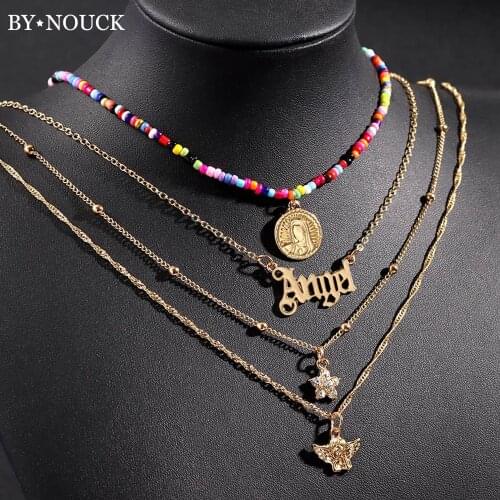 Bohemia Portrait Coin Angel Pendant Colorful Beads Choker Necklace For Women Punk Multilayer Butterfly Clavicle Chain New Jewely