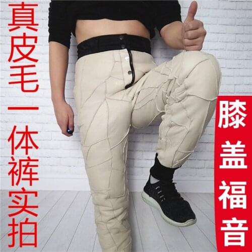 2021 mens fur all-in-one splicing foot pants winter sheepskin liner warm pants