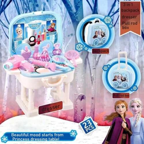 Disney Frozen Simulation 3 In 1 Backpack Dresser Trolley Case Suit Toy Elsa Anna Princess Cosmetic Set Toy For Kids Girl Gifts