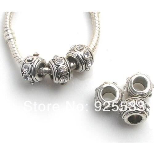Free Shipping 50PCS 12mm Crystal Rhinestone antique Silver Plated Big Hole Metal Beads fit European Braclet Charm DIY