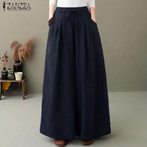 Vintage Women Wide Leg Pants ZANZEA Autumn Loose Cotton Linen Trousers Casual High Waist Streetwear Stylish Pantalon